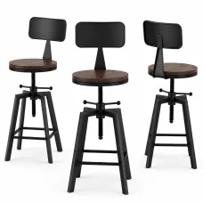Artiss 3 Piece Bar Stool Set with 360° Swivel, Adjustable 63.5–79.5cm Seat Height, Backrests, Black and Wood