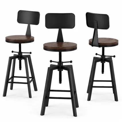 Artiss 3 Piece Bar Stool Set with 360° Swivel, Adjustable 63.5–79.5cm Seat Height, Backrests, Black and Wood