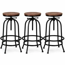 Artiss 3 Piece Adjustable Swivel Bar Stool Set 70-90cm Backless Elm Wood Seat Black Industrial