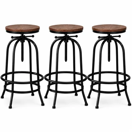 Artiss 3 Piece Adjustable Swivel Bar Stool Set 70-90cm Backless Elm Wood Seat Black Industrial