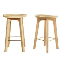 Artiss 2x Bamboo Rattan Bar Stools 67cm Counter Height Natural Finish with Gold Footrest 120kg Capacity