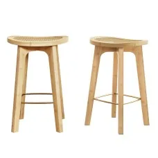 Artiss 2x Bamboo Rattan Bar Stools 67cm Counter Height Natural Finish with Gold Footrest 120kg Capacity