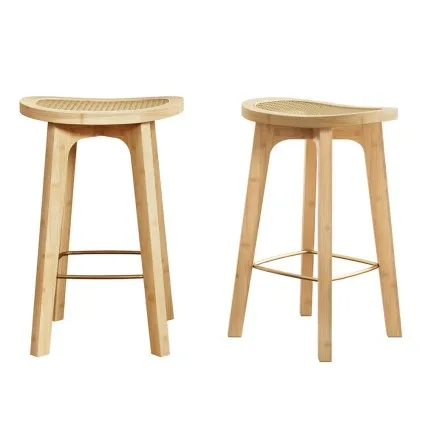 Artiss 2x Bamboo Rattan Bar Stools 67cm Counter Height Natural Finish with Gold Footrest 120kg Capacity