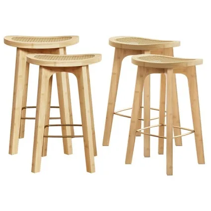 Artiss 4x Bamboo Rattan Bar Stools Counter Height 67cm PVC Rattan Seat Gold Footrest Durable Design Comfortable