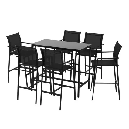 Gardeon 7-Piece Outdoor Bar Set with Steel Table, 6 High-Back Stools and Tempered Glass Black