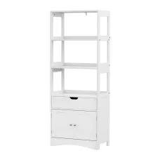 Artiss Bathroom Floor Storage Cabinet, White MDF, 2 Drawers, 3 Open Shelves, 2 Doors, 60x33x154cm, Easy Assembly