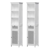 Artiss Bathroom Cabinet Storage X2 White Rattan 161cm Tall Slim Unit with Drawer Shelves 2 Pack (White)