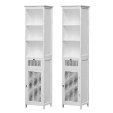 Artiss Bathroom Cabinet Storage X2 White Rattan 161cm Tall Slim Unit with Drawer Shelves 2 Pack (White)