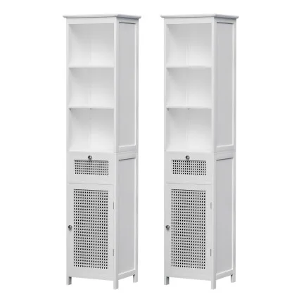 Artiss Bathroom Cabinet Storage X2 White Rattan 161cm Tall Slim Unit with Drawer Shelves 2 Pack (White)