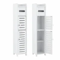 Artiss 2 Slim 3-Tier Bathroom Storage Cabinets White MDF with Toilet Paper Holder Adjustable Shelf Anti-Tip