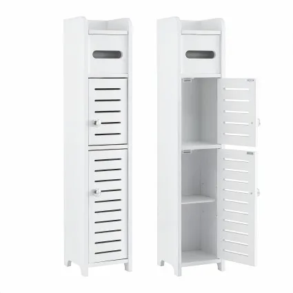 Artiss 2 Slim 3-Tier Bathroom Storage Cabinets White MDF with Toilet Paper Holder Adjustable Shelf Anti-Tip