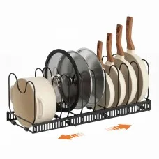 Artiss Expandable Pots and Pans Organiser Rack with 10 Adjustable Dividers Black Iron 59cm x 20cm x 19.5cm