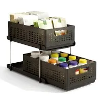 Artiss Under Sink Organiser 21cm 2 Tier Pull-Out Baskets with Adjustable Dividers Black Modular Storage