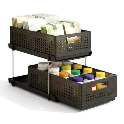 Artiss Under Sink Organiser 21cm 2 Tier Pull-Out Baskets with Adjustable Dividers Black Modular Storage