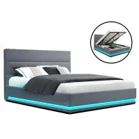Artiss LUMI Queen Size LED Gas Lift Bed Frame Upholstered Grey with Storage and Remote Lighting High Density Foam