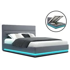 Artiss LUMI Queen Size LED Gas Lift Bed Frame Upholstered Grey with Storage and Remote Lighting High Density Foam