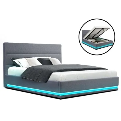 Artiss LUMI Queen Size LED Gas Lift Bed Frame Upholstered Grey with Storage and Remote Lighting High Density Foam