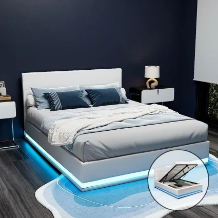 Artiss LUMI Queen Bed Frame with LED Lights & Gas Lift Storage, White PVC Leather, 16 Colours, Easy Assembly