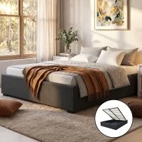 Artiss Toki Double Bed Frame, Gas Lift Storage, Charcoal Linen, Steel Reinforced, Wood Slats, 300kg Capacity