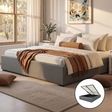 Artiss Toki King Size Bed Frame Gas Lift Base Grey Faux Linen Upholstered Storage Platform Wooden Slats Sturdy Design