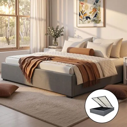 Artiss Toki King Size Bed Frame Gas Lift Base Grey Faux Linen Upholstered Storage Platform Wooden Slats Sturdy Design