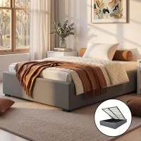 Artiss Toki King Single Size Gas Lift Bed Frame in Grey, Linen Upholstery, Storage Base, Reinforced Steel, Wood Slats