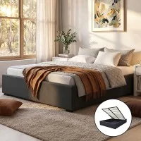 Artiss Queen Size Bed Frame with Gas Lift Storage, Charcoal Linen Upholstery, Steel Reinforcement, Wooden Slats
