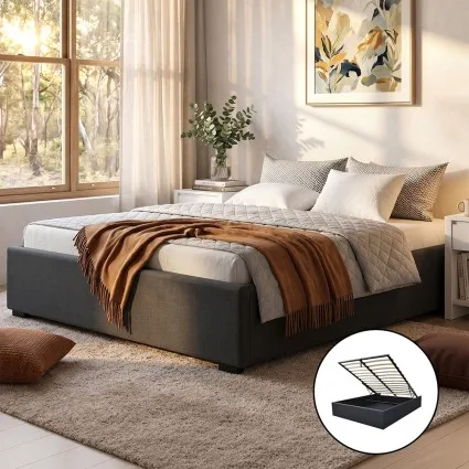 Artiss Queen Size Bed Frame with Gas Lift Storage, Charcoal Linen Upholstery, Steel Reinforcement, Wooden Slats