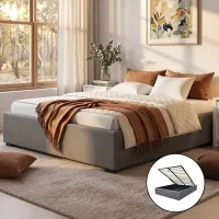 Artiss Toki Queen Size Bed Frame with Gas Lift Storage - Grey Linen, High-Density Foam, Steel Reinforced, Wood Slats