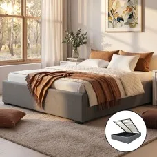 Artiss Toki Queen Size Bed Frame with Gas Lift Storage - Grey Linen, High-Density Foam, Steel Reinforced, Wood Slats