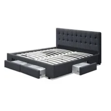 Artiss Avio Double Bed Frame Grey Charcoal, Faux Linen Upholstery, Tufted Headboard, 4 Storage Drawers, 203x148.5cm