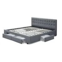 Artiss Avio King Bed Frame Grey with 4 Storage Drawers Tufted Headboard Faux Linen 203x183cm King Size