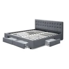 Artiss Avio King Bed Frame Grey with 4 Storage Drawers Tufted Headboard Faux Linen 203x183cm King Size