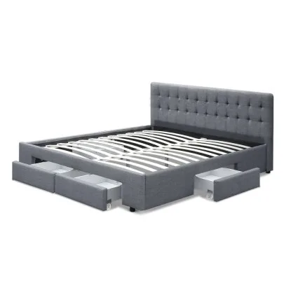 Artiss Avio King Bed Frame Grey with 4 Storage Drawers Tufted Headboard Faux Linen 203x183cm King Size