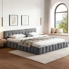 Artiss HAVEN King Size Velvet Bed Frame Plush Cloud Headboard Platform Base Grey 14 Slats 300kg Capacity