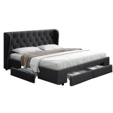 Artiss Mila Queen Size Bed Frame with 4 Drawers, Charcoal - Premium Faux Linen, Tufted Headboard, Sturdy Steel Frame