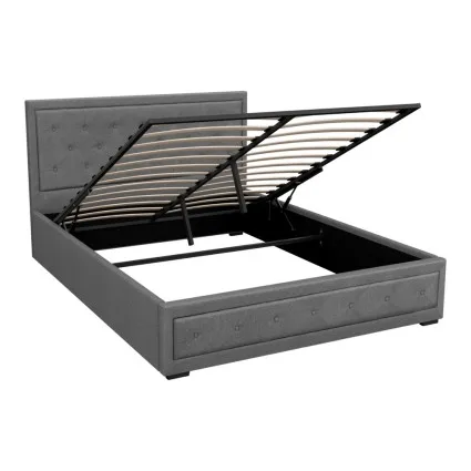 Artiss Tiyo Queen Size Bed Frame Gas Lift Storage Upholstered Faux Linen Grey Tufted Headboard Wooden Slats