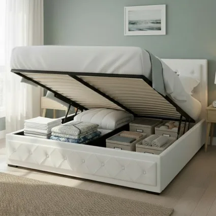Artiss Tiyo Queen Size Gas Lift Bed Frame - White PVC Leather, Tufted Headboard, Storage, Heavy-Duty, Easy Assembly