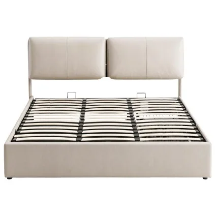 Artiss King Bed Frame Gas Lift Storage Three Drawers Adjustable Headboard 300kg Beige Platform Base