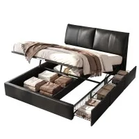 Artiss King Bed Frame with Gas Lift Storage, 3 Drawers, Adjustable Headboard, PVC Leather Black 300kg