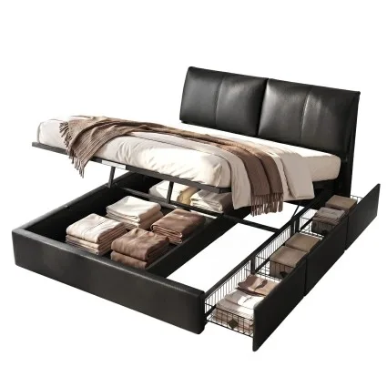 Artiss King Bed Frame with Gas Lift Storage, 3 Drawers, Adjustable Headboard, PVC Leather Black 300kg