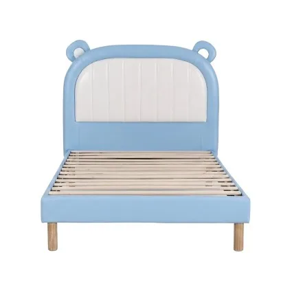 Artiss Kids King Single Upholstered Bear Bed Frame Blue White 180kg Capacity Child Safe Padding 118x213x107cm