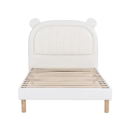 Artiss Kids AU King Single Upholstered Bed Frame Bear Ear Headboard Beige White Child Safe PVC Leather