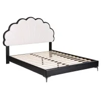 Artiss Double Bed Frame with Adjustable Shell-Shaped Headboard, Wipe-Clean PVC Upholstery, White and Black
