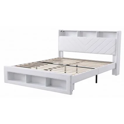 Artiss King Bed Frame with Storage, Charging Station, LED Lighting and Bouclé Padding White