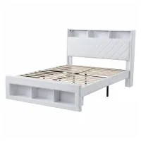 Artiss Queen Bed Frame with Storage, Charging Station, LED Lighting, 300kg Capacity and Bouclé Padding White