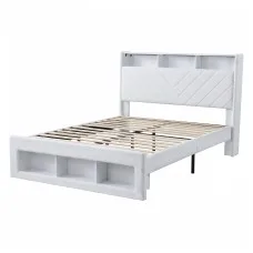 Artiss Queen Bed Frame with Storage, Charging Station, LED Lighting, 300kg Capacity and Bouclé Padding White