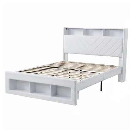 Artiss Queen Bed Frame with Storage, Charging Station, LED Lighting, 300kg Capacity and Bouclé Padding White