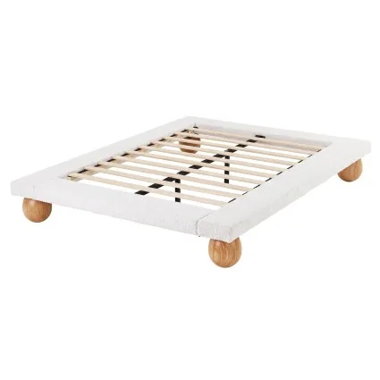 Artiss Queen Bed Frame with Bouclé Upholstery Rubber wood Feet White 300 kg Capacity Low-profile Ten Plywood Slats