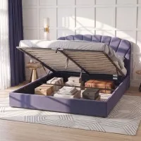 Artiss King Upholstered Bed Frame with Lift-Up Storage and Charging Ports Grey Blue